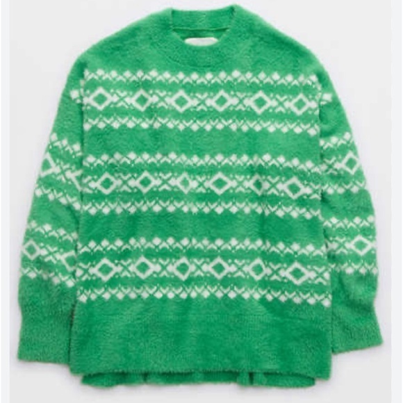 AERIE Flurry Crew Sweater Green Alpine Kelly Green Fuzzy  Oversized small NEW - Picture 1 of 14